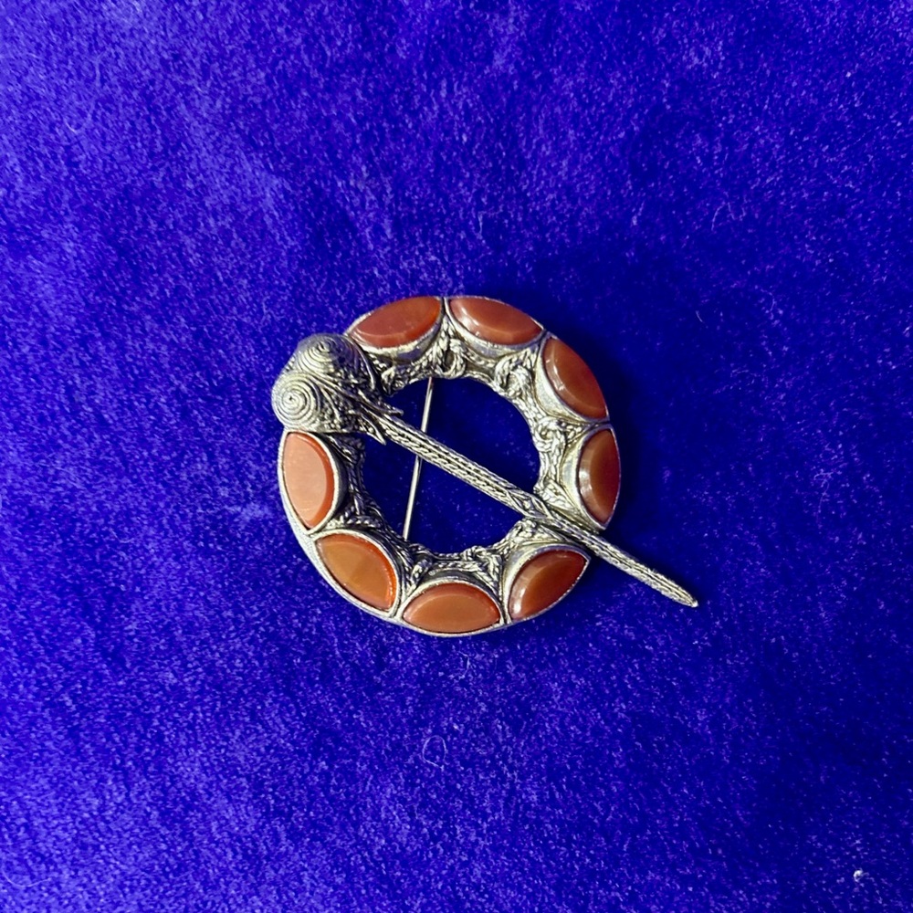 Vintage Miracle Celtic Revival Scottish Ring Brooch Orange Glass Stones
